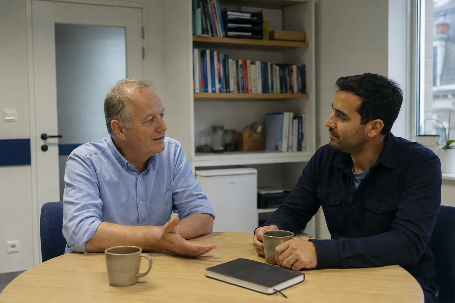 Twee mannelijke collega's voeren een rustig gesprek aan een tafel.