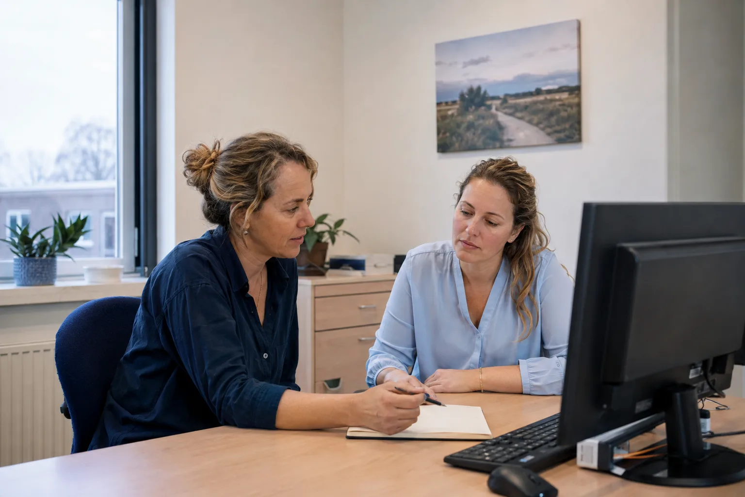 Twee zorgprofessionals overleggen aan een bureau in een praktijkruimte.